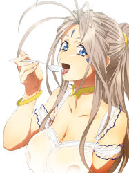  1girl antenna_hair belldandy blue_eyes breasts cum facial_mark highres jewelry joy_division large_breasts long_hair looking_at_viewer open_mouth see-through smile spoon tongue tongue_out white_background 