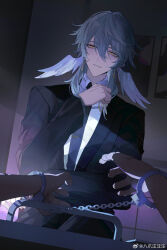  1boy alternate_costume bazhua black_jacket black_necktie black_pants black_suit blue_hair bound bound_wrists chinese_commentary collared_shirt cuffs earrings formal hair_between_eyes half-closed_eye halo halo_behind_head hand_up handcuffs head_wings highres holding holding_key honkai:_star_rail honkai_(series) indoors jacket jewelry key lapels light_blue_hair long_sleeves looking_at_viewer male_focus medium_hair necktie notched_lapels painting_(object) pants parted_lips police_badge pov pov_hands shirt smile solo_focus suit suit_jacket sunday_(honkai:_star_rail) tie_clip upper_body weibo_logo weibo_watermark white_shirt white_wings wing_piercing wings yellow_eyes 