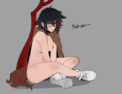  breasts cloak crossed_legs grey_background hair_between_eyes hong_doo kill_la_kill matoi_ryuuko messy_hair multicolored_hair nipples nude on_floor scissor_blade_(kill_la_kill) shoes simple_background sitting sneakers sword tired torn_clothes trigger_(company) two-tone_hair weapon  rating:Explicit score:118 user:KLKill