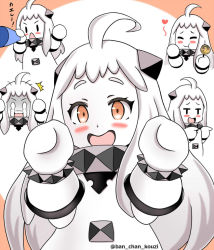 0_0 1girl abyssal_ship ahoge blush_stickers collar colored_skin crying eating food go_back! kantai_collection long_hair mittens northern_ocean_princess orange_eyes pointing roshiakouji-chan spiked_collar spikes streaming_tears takoyaki tears translated twitter_username white_hair white_mittens white_skin