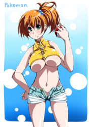  1girl bad_id bare_shoulders blue_eyes blush breasts cleavage cloud copyright_name creatures_(company) crop_top curvy denim denim_shorts game_freak gen_1_pokemon green_eyes gym_leader hair_bobbles hair_ornament hand_on_own_hip hat hip_focus holding holding_poke_ball large_breasts legs lens_flare midriff misty_(pokemon) navel nintendo nipples no_panties open_fly orange_hair pikachu poke_ball pokemon pokemon:_the_electric_tale_of_pikachu pokemon_(anime) pokemon_(classic_anime) pokemon_(creature) ponytail red_hair satsuki_imonet shirt short_shorts shorts side_ponytail simple_background smile solo suspenders third-party_edit unbuttoned underboob unzipped wide_hips  rating:Questionable score:124 user:danbooru