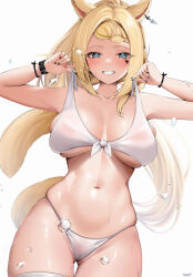  1girl absurdres animal_ears bikini black_nails blonde_hair blue_eyes blush bracelet braid braided_bangs breasts cat_ears cat_girl cat_tail collarbone commentary_request cowboy_shot ear_ornament facial_mark facial_tattoo final_fantasy final_fantasy_xiv grin heart heart_tattoo highres jewelry large_breasts long_hair looking_at_viewer miqo&#039;te navel ponytail shhilee sideboob signature simple_background smile solo strap_lift swimsuit tail tattoo teeth thighhighs underboob warrior_of_light_(ff14) whisker_markings white_background white_bikini white_thighhighs 