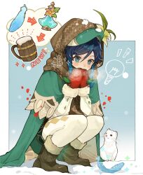  1boy absurdres alcohol aqua_eyes aqua_hair arrow_(symbol) beret black_hair blue_background blush boots border braid breath brown_footwear brown_scarf cape capelet cold commentary_request covering_own_mouth cup feathers flask flower fur-trimmed_boots fur-trimmed_mittens fur_trim genshin_impact gradient_hair green_cape green_capelet green_hat green_shorts hair_between_eyes hair_flower hair_ornament hands_up hat highres idea light_bulb long_sleeves looking_down male_focus medium_hair misoshiru_umai4 mittens multicolored_hair notice_lines outside_border pantyhose parted_bangs potion puffy_shorts red_mittens scarf scarf_on_head shirt short_shorts shorts side_braids simple_background snow snow_on_head solo sparkle squatting swept_bangs tankard thought_bubble twin_braids venti_(genshin_impact) weasel white_border white_flower white_pantyhose white_shirt 