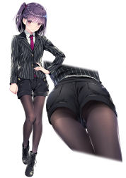  1girl ankle_boots ass ass_focus black_shorts boots brown_pantyhose formal hand_on_own_hip highres jacket kobayashi_chisato looking_at_viewer necktie pantyhose pinstripe_pattern pinstripe_suit purple_hair red_eyes short_hair shorts side_ponytail smile striped suit suit_jacket thighs  rating:Sensitive score:28 user:judgement_NUT