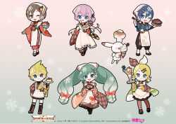 &gt;_&lt; 1-tuka :3 animal apron aqua_eyes aqua_hair asymmetrical_sleeves black_pants black_shorts blonde_hair blue_eyes blue_hair blue_kimono boots bow bowl braid bright_pupils brown_bow brown_eyes brown_footwear brown_hair brown_kimono brown_pantyhose brown_skirt butter cake cake_slice character_name checkered_bow checkered_clothes checkered_kimono chef_hat chibi chopsticks closed_mouth commentary company_name copyright_notice cross-laced_footwear crypton_future_media everyone food food-themed_hair_ornament fork full_body geta gradient_background gradient_hair green_background green_sleeves hair_bow hair_ornament hairclip hand_on_own_hip hat hatsune_miku holding holding_bowl holding_cake holding_chopsticks holding_food holding_fork holding_ice_cream_cone holding_plate ice_cream ice_cream_cone japanese_clothes jingisukan_(food) kagamine_len kagamine_rin kaisendon kaito_(vocaloid) kappougi kimono lace-up_boots long_hair long_skirt looking_at_viewer low_twin_braids maid megurine_luka meiko meiko_(vocaloid) mismatched_sleeves multicolored_hair official_art one_eye_closed open_mouth pants pantyhose piapro pink_background pink_hair plate pleated_skirt rabbit rabbit_yukine red_kimono second-party_source seigaiha short_hair shorts skirt smile snowflake_print snowflakes socks soft_serve soup_curry spiked_hair standing sundae teeth tenugui twin_braids twintails two-tone_background two-tone_bow upper_teeth_only vegetable_print vocaloid wa_maid white_apron white_bow white_pupils white_socks wide_sleeves yuki_kaito yuki_len yuki_luka yuki_meiko yuki_miku yuki_miku_(2024) yuki_rin