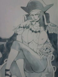 breasts coat coat_on_shoulders eating finger_to_mouth genderswap genderswap_(mtf) hat jewelry large_breasts marshall_d._teach necklace one_piece open_clothes open_shirt pants pirate pirate_hat spring_naga  rating:Sensitive score:10 user:Raeck