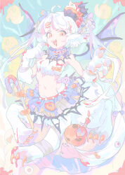  1girl ahoge ambiguous_red_liquid animal_ear_fluff animal_ears animal_hands arm_wrap blue_background bow candle candy centauroid claws collar food frilled_collar frills full_body halloween hands_up highres jack-o&#039;-lantern kinutani_yutaka leg_wrap long_hair looking_at_viewer monster_girl multicolored_hair open_mouth orange_eyes original pink_hair purple_skirt purple_wings sharp_teeth skirt solo standing streaked_hair tail tail_bow tail_ornament taur teeth twintails very_long_hair white_fur white_hair wings 