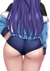  1girl absurdres arm_at_side ass black_shirt blue_archive blue_buruma buruma close-up commentary drie from_behind gym_uniform hand_on_own_hip highres jacket letterman_jacket long_hair long_sleeves purple_hair shirt simple_background solo straight_hair sweat thigh_gap thighs white_background yuuka_(blue_archive) yuuka_(track)_(blue_archive)  rating:Sensitive score:29 user:danbooru