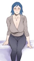 1girl absurdres arm_support bed black_beat blue_hair breasts cleavage denim female_focus green_eyes grey_pants gundam gundam_build_fighters highres iori_rinko jeans jewelry large_breasts looking_at_viewer mature_female necklace pants parted_lips ribbed_sweater short_hair sitting sweater white_background rating:Sensitive score:205 user:danbooru