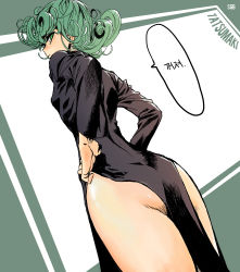 1girl absurdres ass back black_dress breasts curly_hair curvy dress flat_chest green_eyes green_hair hands_on_own_hips highres hip_focus long_sleeves looking_at_viewer looking_back no_panties one-punch_man pelvic_curtain sgb short_hair small_breasts solo speech_bubble standing tatsumaki text_focus thick_thighs thighs wide_hips rating:Sensitive score:93 user:Perv-Ultra