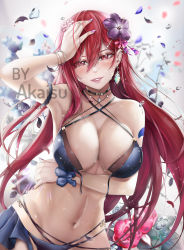  1girl absurdres akaisu armpits bikini blue_bikini blue_bra blue_nails blush bra bracelet breasts cleavage earrings erza_scarlet fairy_tail flower front-tie_bikini_top front-tie_top hair_between_eyes hair_flower hair_ornament halterneck hand_on_own_head highres jewelry large_breasts long_hair looking_at_viewer multi-strapped_bikini nail_polish navel necklace open_bikini open_clothes red_eyes red_hair shiny_skin smile solo standing swimsuit underwear untied_bikini very_long_hair  rating:Sensitive score:56 user:mgoods