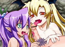 2girls blonde_hair blue_eyes blush censored cooperative_fellatio fang fellatio flat_chest forked_tongue jingai_modoki lamia loli long_tongue mon-musu_quest! monster_girl multiple_girls oral penis pointy_ears purple_hair red_eyes teeny_(mon-musu_quest!) tongue tongue_out twintails vampire vanilla_(mon-musu_quest!) rating:Explicit score:143 user:Juni221