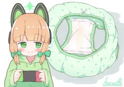  1girl absurdres alternate_costume ascaro blonde_hair blue_archive blush bow bow_panties closed_mouth commentary green_eyes green_halo green_hoodie green_panties halo handheld_game_console highres holding holding_handheld_game_console hood hoodie loli long_sleeves midori_(blue_archive) nintendo_switch panties polka_dot polka_dot_panties short_hair smile solo split_mouth underwear unworn_panties 