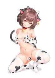  1girl absurdres animal_collar animal_ear_hairband animal_ears animal_print armpit_crease bell bikini black_tail breast_lift breasts brown_hair cat_ear_hairband cat_ears cat_tail closed_mouth collar collarbone commentary_request commission cow_ears cow_print cow_print_bikini cow_print_gloves cow_print_thighhighs cowbell ear_tag elbow_gloves fake_animal_ears gloves gluteal_fold hair_flaps hairband hands_on_own_breasts head_tilt highres keibeam kneeling licking_lips light_blush looking_at_viewer micro_bikini mole mole_on_thigh mole_under_eye navel neck_bell no_shoes original print_bikini print_gloves print_thighhighs prunechi red_collar red_eyes short_hair simple_background small_breasts smile solo squatting stomach swimsuit tail thighhighs tongue tongue_out white_background 