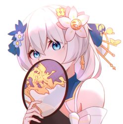  1girl bare_shoulders blue_eyes blue_flower china_dress chinese_clothes closed_mouth covering_own_mouth dress earrings flower hair_between_eyes hair_flower hair_ornament hand_fan holding honkai_(series) honkai_impact_3rd jewelry looking_at_viewer qingxiao_kiyokiyo solo theresa_apocalypse white_background white_flower white_hair zhuge_kongming_(honkai_impact)  rating:Sensitive score:5 user:danbooru