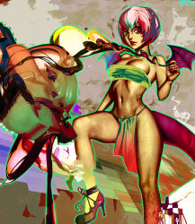 aqua_hair demon_girl high_heels horns loincloth multicolored_hair pink_hair purple_eyes shoes solo surreal tail upon upon_thou_fair_cat wings rating:Questionable score:7 user:danbooru