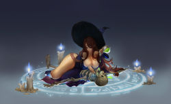 1girl bad_id bad_pixiv_id breasts candle cleavage dragon&#039;s_crown girl_on_top hat highres hong_yun_ji huge_breasts long_hair lying magic_circle on_side red_eyes red_hair skeleton solo sorceress_(dragon&#039;s_crown) thighs wide_hips witch_hat rating:Sensitive score:36 user:danbooru
