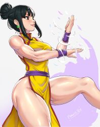  absurdres belt black_eyes black_hair chi-chi_(dragon_ball) chinese_clothes dragon_ball fighting_stance happy highres martial_arts muscular muscular_female purple_belt purple_wristband smile tagme thick_thighs thighs training  rating:General score:40 user:Dap5052