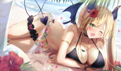  1girl ;o absurdres arm_under_breasts beach bikini black_bikini black_choker black_horns blonde_hair blush breast_press breast_tattoo breasts bridal_garter choker crossed_arms day demon_girl demon_horns demon_tail demon_wings flower frilled_garter front-tie_bikini_top front-tie_top hair_ribbon hibiscus highres hololive horizon horns large_breasts long_hair looking_at_viewer lying navel ocean oekaki_zombie on_side one_eye_closed open_mouth outdoors palm_tree petals pink_nails pointy_ears red_flower ribbon sarong seashell shell side-tie_bikini_bottom solo starfish stomach swept_bangs swimsuit tail tattoo tree twintails untied_bikini very_long_hair virtual_youtuber water white_ribbon winged_heart_tattoo wings yuzuki_choco 
