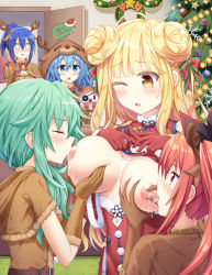  5girls :o ;o animal_costume animal_hair_ornament animal_hood antlers bag bare_shoulders belt blank_eyes blonde_hair blue_eyes blue_hair blush bow breast_fondle breast_hold breast_milk breast_sucking breasts breasts_out breasts_squeezed_together brown_gloves capelet carrying_over_shoulder christmas christmas_ornaments christmas_tree cleavage cleavage_cutout closed_eyes clothing_cutout curly_hair date_a_live detached_sleeves double_breast_sucking double_bun dress drinking drooling embarrassed facing_another facing_viewer finger_to_mouth fur-trimmed_capelet fur-trimmed_dress fur-trimmed_gloves fur_trim gloves grabbing grabbing_another&#039;s_breast green_hair hair_bow hair_bun hair_ribbon hairband hands_on_own_chest highres hood hood_down hood_up horns hoshimiya_mukuro indoors itsuka_kotori lactation large_breasts long_hair looking_at_another looking_at_viewer looking_down medium_breasts medium_hair merry_christmas mole mole_under_eye multiple_girls natsumi_(date_a_live) nipples no_bra one_eye_closed ponytail red_dress red_eyes red_gloves red_hair reindeer_antlers reindeer_costume ribbon santa_dress size_difference small_breasts staring surprised takamiya_mana tsubasaki twintails two-tone_ribbon very_long_hair wide_sleeves yellow_eyes yoshino_(date_a_live) yoshinon yuri  rating:Questionable score:189 user:danbooru