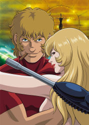  &#039;secret&#039;_(space_adventure_cobra) absurdres arm_cannon backview blonde_hair blue_eyes breasts brown_eyes cigar cobra_(space_adventure_cobra) couple gate gold highres hug lipstick long_hair looking_at_viewer looking_back makeup nude open_mouth opening pantyhose psychogun short_hair silhouette smile smirk space_adventure_cobra sugino_akio wavy_hair weapon 