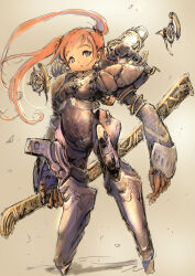  1girl armor arms_at_sides blue_eyes commentary_request dragon&#039;s_heaven full_body guma highres holding holding_weapon long_hair orange_hair power_armor solo standing twintails weapon wind wind_lift 