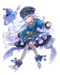  1girl \||/ alternate_costume ankle_cuffs arius_esquede beanie buttons choker closed_mouth coat collarbone commentary_request counter:side cu-rim double-breasted floating floating_hair floating_object floral_print frilled_sleeves frills full_body green_coat hair_between_eyes hat hat_ribbon high_heels highres long_hair looking_at_viewer orb outstretched_arms pantyhose petticoat pom_pom_(clothes) purple_eyes ribbon ribbon_choker scarf silver_footwear silver_hair simple_background skirt sleeve_ribbon smile solo sparkle spread_arms spread_fingers very_long_hair white_background white_skirt 