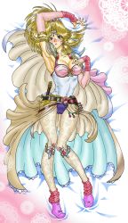  1990s_(style) 1girl armpits arms_up blonde_hair blush breasts bridal_gauntlets cape cleavage earrings female_focus final_fantasy final_fantasy_iv full_body gradient_background green_eyes hair_ornament highres jewelry large_breasts leotard long_hair lots_of_jewelry lying nail_polish pantyhose retro_artstyle rosa_farrell shoulder_pads shuninshunin socks solo tiara 