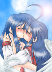  00s 2girls age_difference ahoge angel_wings blue_hair blush clothed_female_nude_female clothed_on_nude feathers gaketsu green_eyes incest izumi_kanata izumi_konata kiss lens_flare long_hair lucky_star mother_and_daughter multiple_girls nude onee-loli tears time_paradox wings yuri  rating:Sensitive score:65 user:schwartzlicht