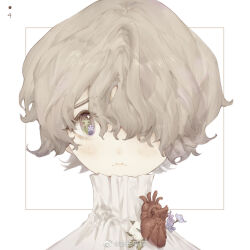  1girl blonde_hair brown_eyes chang_maomaomao chinese_commentary closed_mouth collared_shirt commentary_request cotton_(plant) eyelashes flower flower_in_eye frilled_shirt_collar frills frown hair_over_one_eye heart_(organ) high_collar light_brown_hair original portrait purple_flower shirt short_hair simple_background solo symbol_in_eye white_background white_shirt 