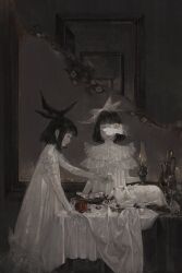  2girls absurdres black_hair closed_eyes cup dress drinking_glass expressionless food fruit glass goat hair_ornament highres multiple_girls nightman7917 oil_lamp original oyster pomegranate profile recursion short_hair siblings surreal table twins white_dress 