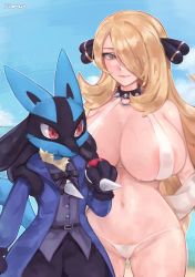  1girl absurdres arms_behind_back bad_id bad_twitter_id bikini blonde_hair breasts closed_mouth clothed_pokemon cloud collar commentary covered_erect_nipples creatures_(company) cynthia_(pokemon) day eyelashes female_pubic_hair furry furry_male furry_with_non-furry game_freak gen_4_pokemon grey_eyes hair_ornament hair_over_one_eye highres holding holding_poke_ball huge_breasts interspecies large_breasts long_hair lucario navel nintendo norza outdoors pet_play poke_ball poke_ball_(basic) pokemon pokemon_(creature) pokemon_dppt pokephilia pubic_hair pussy_juice role_reversal shiny_skin signature sky smile spiked_collar spikes swimsuit white_bikini  rating:Explicit score:145 user:danbooru