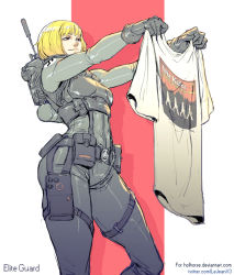  1girl abbey_road antenna_mast armor backpack bag black_gloves blonde_hair bodysuit brand_name_imitation breastplate breasts character_name commentary commission german_text gloves holding holding_clothes holding_shirt military_operator nazi rejean_dubois shirt short_hair small_breasts solo swastika t-shirt the_beatles wolfenstein wolfenstein:_youngblood  rating:Sensitive score:48 user:danbooru