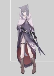  1girl absurdres animal_ears arm_warmers bare_shoulders boots fantasy full_body grey_eyes grey_hair highres long_hair mikisai original robe scabbard shawl sheath sheathed simple_background solo sword tail very_long_hair weapon wide_sleeves  rating:Sensitive score:6 user:danbooru