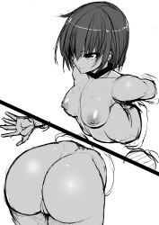  1girl anus ass ass_focus blush breasts cleft_of_venus completely_nude curvy dark-skinned_female dark_skin disgust female_focus forced hair_between_eyes highres imminent_penetration looking_at_another lovelovemaid medium_breasts mizuki_yukikaze mizuki_yukikaze_(future) monochrome nipples nude pubic_hair pussy pussy_juice restrained shiny_skin short_hair simple_background sketch solo spread_legs stationary_restraints taimanin_(series) taimanin_rpgx taimanin_yukikaze trapped uncensored 