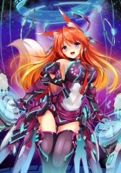  1girl animal_ears black_thighhighs bodysuit breasts fatkewell fox_ears fox_tail holographic_interface large_breasts mecha_musume necktie neon_trim original rika_eastre solo tail thighhighs  rating:Sensitive score:36 user:danbooru