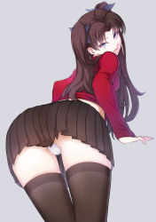 1girl ass black_skirt black_thighhighs blue_eyes brown_hair cameltoe cowboy_shot fate/stay_night fate_(series) female_focus from_behind hair_ribbon highres kyokucho long_hair long_legs looking_at_viewer looking_back md5_mismatch miniskirt panties pantyshot pleated_skirt resolution_mismatch ribbon simple_background skirt solo source_smaller standing thighhighs tohsaka_rin two_side_up underwear white_panties rating:Questionable score:163 user:danbooru