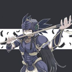  1girl armor armored_dress black_armor black_hair breastplate feathers helmet highres hrist_valkyrie long_hair looking_at_viewer roboborou solo valkyrie valkyrie_profile_(series) weapon winged_helmet 