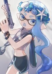  1girl :o black_shorts blue_eyes blue_hair commentary cropped_sweater dolphin_shorts fang grey_background grey_sweater grey_trim gun head_wreath highres holding holding_gun holding_weapon inkling inkling_girl inkling_player_character jewelry long_hair maroooooow n-zap_(splatoon) necklace nintendo open_mouth pointy_ears shorts sleeveless sleeveless_sweater solo splatoon_(series) splatoon_3 standing sweater tentacle_hair thick_eyebrows very_long_hair watch weapon wristwatch 