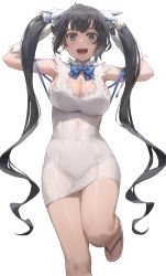 1girl absurdres arms_up bell black_hair blue_eyes blue_ribbon breasts cleavage_cutout clothing_cutout commentary dress dungeon_ni_deai_wo_motomeru_no_wa_machigatteiru_darou_ka free_style_(yohan1754) gloves hair_bell hair_ornament hestia_(danmachi) highres holding holding_own_hair large_breasts long_hair looking_at_viewer open_mouth rei_no_himo ribbon sandals simple_background smile solo standing standing_on_one_leg teeth thighs twintails upper_teeth_only very_long_hair white_background white_dress white_gloves rating:Sensitive score:243 user:danbooru