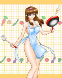  1girl apron blue_eyes breasts brown_hair cooking dead_or_alive covered_erect_nipples female_focus frying_pan headband hitomi_(doa) naked_apron solo spatula tecmo  rating:Questionable score:14 user:jpavilvr