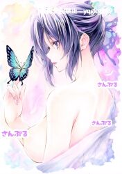  1girl artist_name breasts bug butterfly butterfly_hair_ornament butterfly_on_hand facing_to_the_side hair_ornament highres insect kimetsu_no_yaiba kochou_shinobu large_breasts parted_bangs parted_lips purple_hair sample_watermark sidelocks solo topless traditional_media updo upper_body watermark yqgkg 