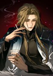  1boy bishounen blonde_hair code:_kite cup falling_petals highres holding holding_cup holding_smoking_pipe jacket jewelry long_hair long_sleeves male_focus multiple_rings necklace open_clothes open_jacket parted_bangs petals ring royannnn smoking_pipe solo upper_body yellow_eyes zhou_yu_(code:_kite) 
