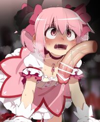  1boy 1girl ^^^ absurdres all_fours bar_censor blurry blurry_background blush bow censored chest_jewel choker commentary disembodied_penis dress english_commentary frilled_socks frills gloom_(expression) gloves hair_between_eyes hair_bow hetero highres imminent_rape kaname_madoka kaname_madoka_(magical_girl) large_penis loli magical_girl mahou_shoujo_madoka_magica mixed-language_commentary mizumizuni open_mouth penis penis_on_face pink_bow pink_dress pink_eyes pink_hair puffy_short_sleeves puffy_sleeves red_choker red_footwear saliva short_dress short_hair short_sleeves short_twintails socks steaming_body sweat tearing_up tears twintails variant_set veins veiny_penis white_gloves white_sleeves white_socks 