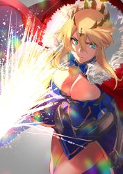  1girl absurdres armor artoria_pendragon_(fate) artoria_pendragon_(lancer)_(fate) blue_dress blue_gloves braid breasts cape cleavage closed_mouth commentary_request crown dress fate/grand_order fate_(series) french_braid fur-trimmed_cape fur_trim gauntlets gloves glowing glowing_weapon green_eyes hair_between_eyes highres hotate-chan lance large_breasts legs polearm red_cape rhongomyniad_(fate) sidelocks weapon  rating:Sensitive score:22 user:danbooru