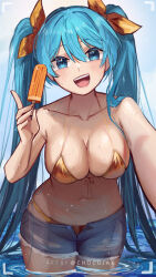  1girl :d bare_arms bare_shoulders bikini bikini_under_clothes blue_eyes blue_hair blue_shorts bow breasts chocojax collarbone commentary cowboy_shot cutoffs day denim denim_shorts english_commentary food front-tie_bikini_top front-tie_top gold_bikini hair_between_eyes hair_bow halterneck hatsune_miku highres holding holding_food holding_popsicle index_finger_raised large_breasts leaning_forward light_blush long_hair looking_at_viewer navel open_fly open_mouth outdoors outstretched_arm popsicle short_shorts shorts smile solo standing stomach swimsuit twintails twitter_username very_long_hair viewfinder vocaloid wading water wet yellow_bow 