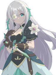  1girl anemone_(princess_connect!) armor breasts brown_gloves closed_mouth dagger dress flower flower_eyepatch flower_necklace flower_over_eye gloves green_dress grey_flower hair_between_eyes highres holding holding_dagger holding_knife holding_weapon jewelry knife long_hair masaki_(masakinariya) necklace pauldrons princess_connect! scabbard sheath shoulder_armor simple_background single_pauldron small_breasts solo thorns very_long_hair weapon white_background white_hair 