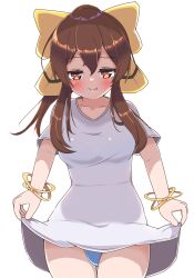 1girl asage_(asgsn) blue_panties blush bow bracelet brown_eyes brown_hair closed_mouth clothes_lift collarbone delthea_(fire_emblem) fang female_focus fire_emblem fire_emblem_echoes:_shadows_of_valentia hair_between_eyes hair_bow jewelry long_hair looking_at_viewer nintendo no_pants panties pantyshot ponytail shirt shirt_lift short_sleeves sidelocks simple_background smile solo split_mouth standing t-shirt underwear white_background white_shirt yellow_bow