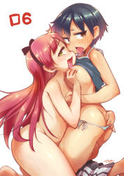  2girls :d aoi_(rororro!) ass ass_grab banubeefriends black_hair black_hairband blue_tank_top grabbing_another&#039;s_breast breasts brown_eyes clothes_lift flat_ass furrowed_brow grabbing grabbing_another&#039;s_ass groping hair_between_eyes hairband highres long_hair medium_breasts multiple_girls nipples nude open_mouth panties pink_hair rororro! saliva shirt_lift short_hair side-tie_panties sideways_mouth simple_background small_breasts smile straight_hair sweat takamine_marianne tank_top teeth thighs tongue tongue_out underwear very_long_hair white_background white_panties yellow_eyes yuri 