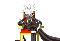 artist_request cable creatures_(company) crossed_legs game_freak gen_7_pokemon highres nintendo no_eyes no_humans no_mouth pokemon pokemon_(creature) simple_background sitting solo spikes star_(symbol) tentacles throne ultra_beast white_background xurkitree